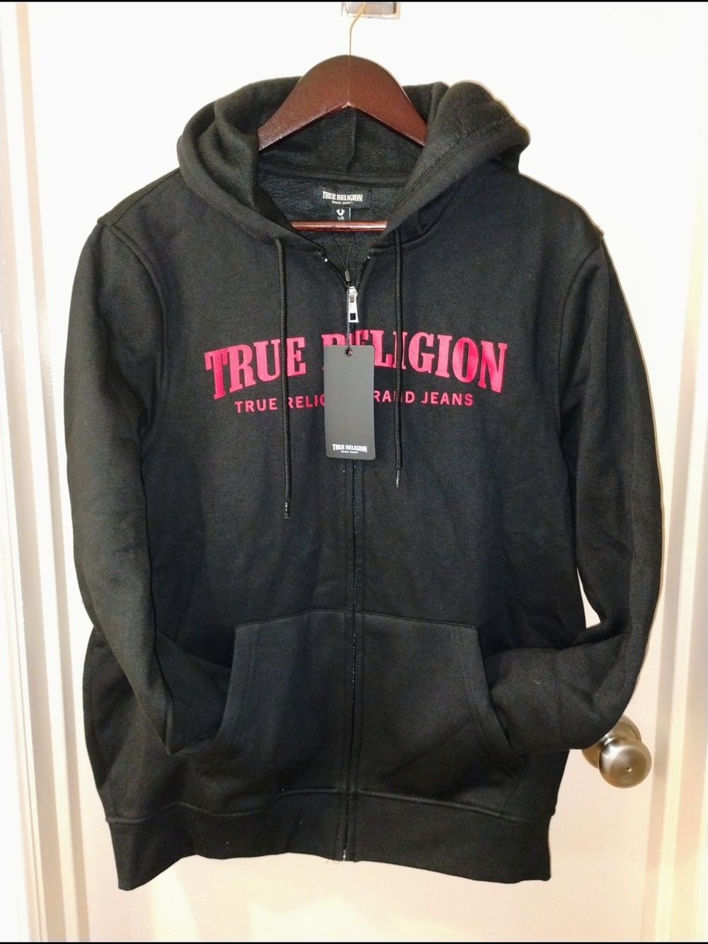 True Religion Men's Black Zip Hoodie with Pink Logo
